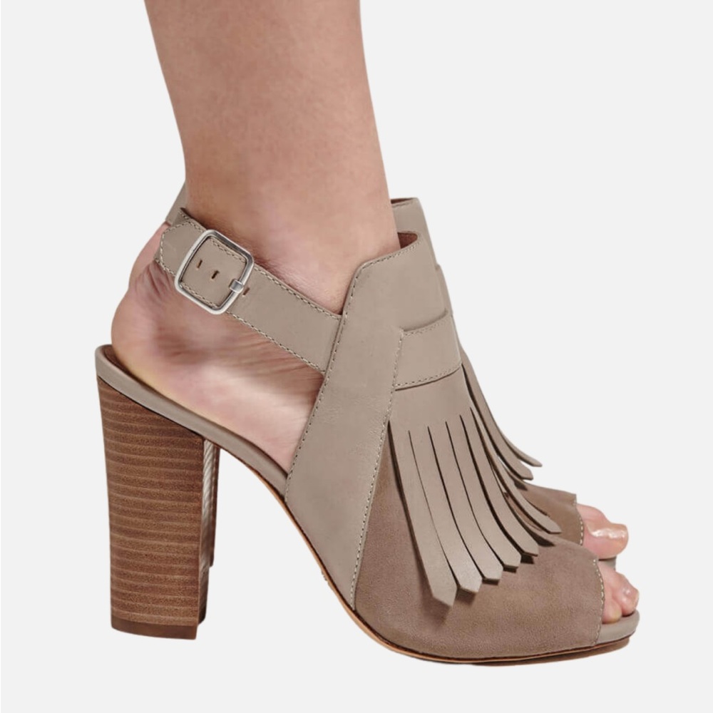 Tan Block Heel Fringe Sandals